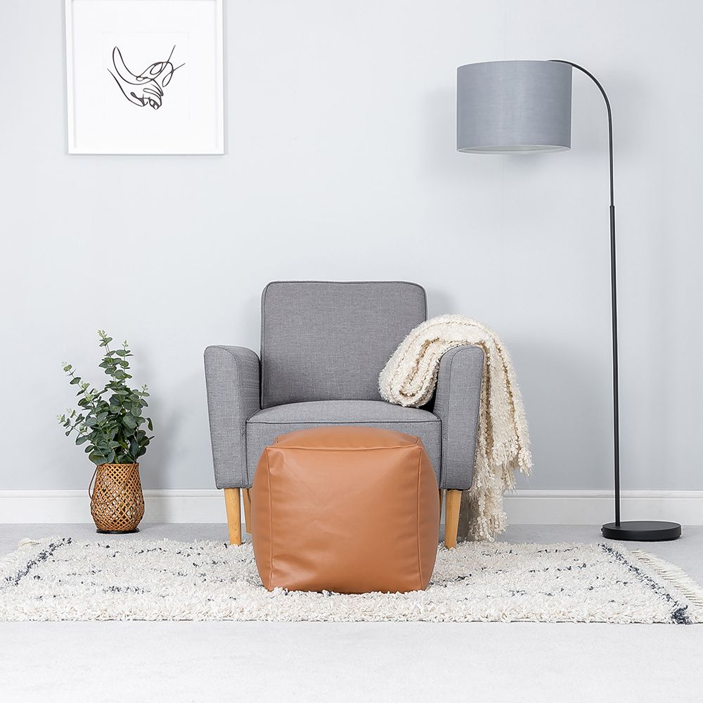 Tan Faux Leather Cube Bean Bag Living Room