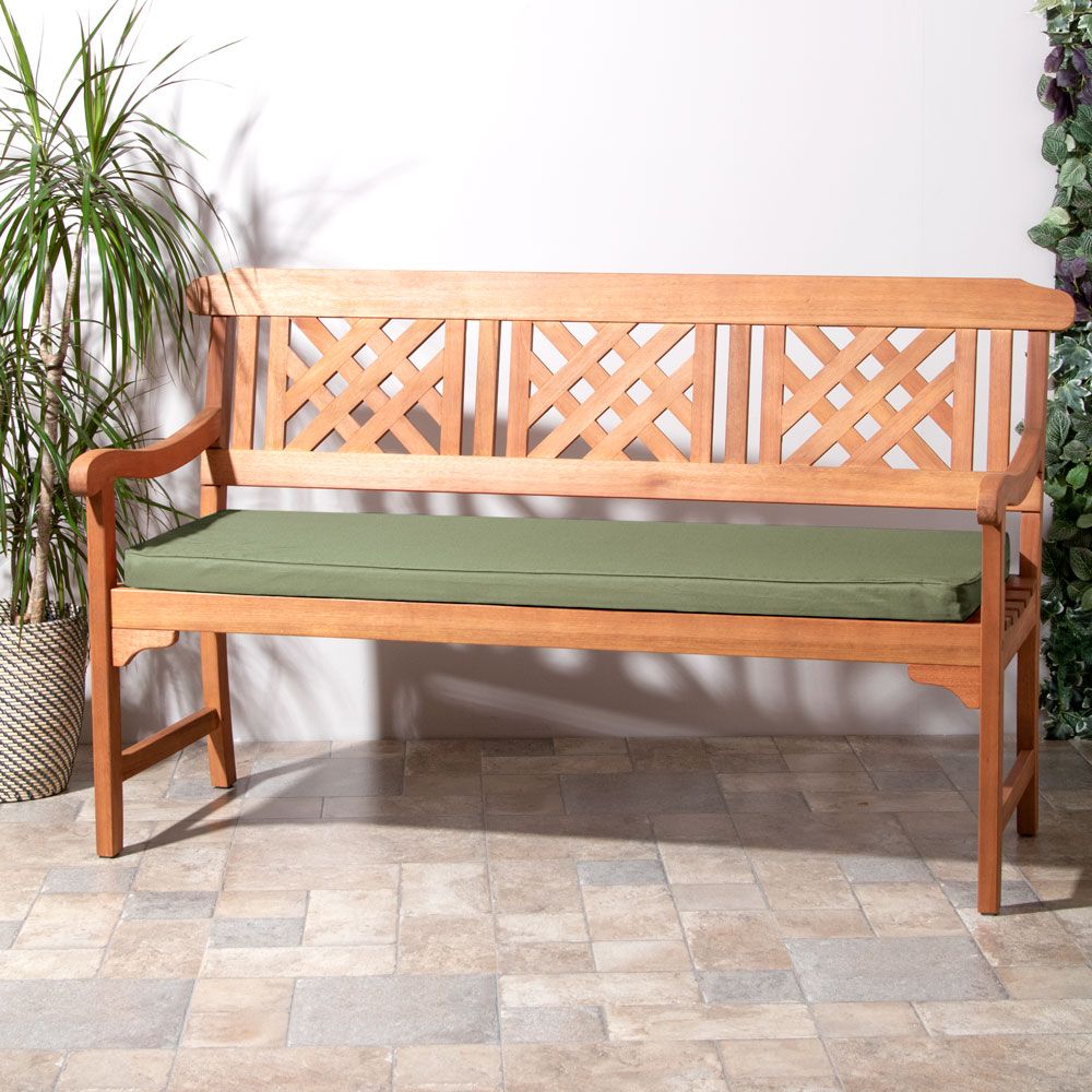 Sage Green Large 3 Seater Indoor Outdoor Bench Pad on Bench in Yard
