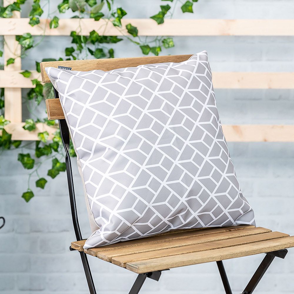 Grey Geometric Outdoor Cushion Lifestyle Cropped