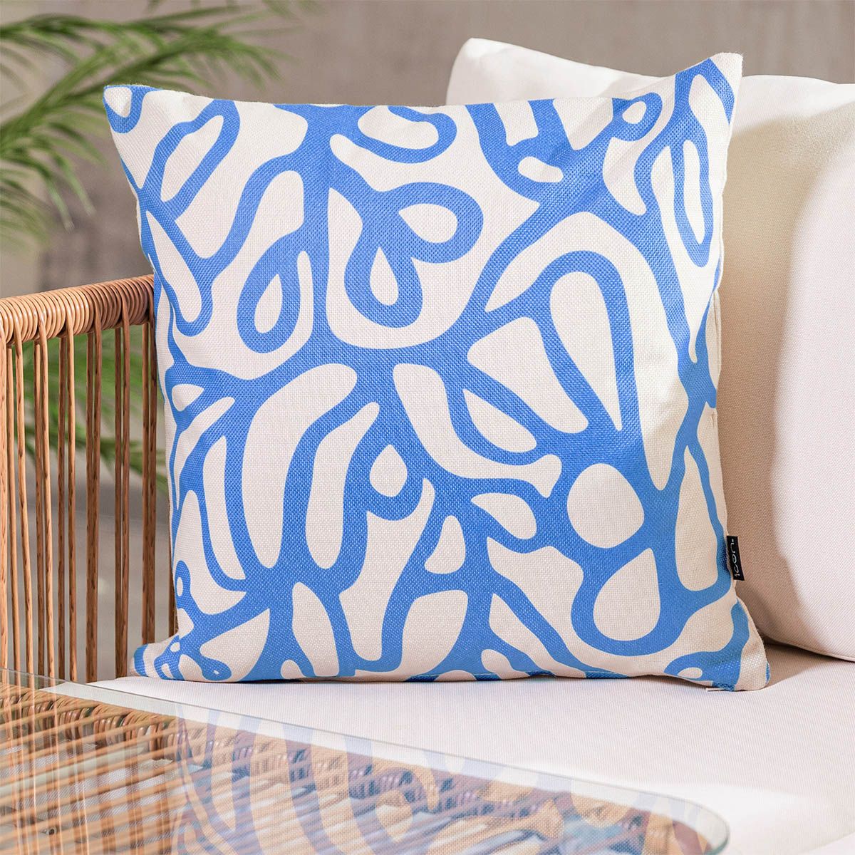 Abstract Squiggle Leaf Print Indoor-Outdoor Cushion, Blue
