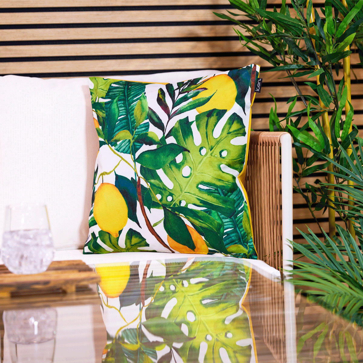 Lemon Leaf Print Indoor-Outdoor Cushion, Multicolour