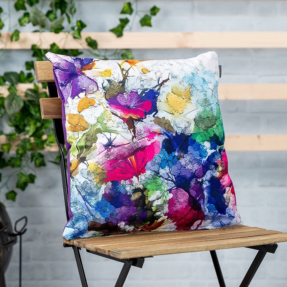 Purple Oil Painting Outdoor Cushion Lifestyle Cropped