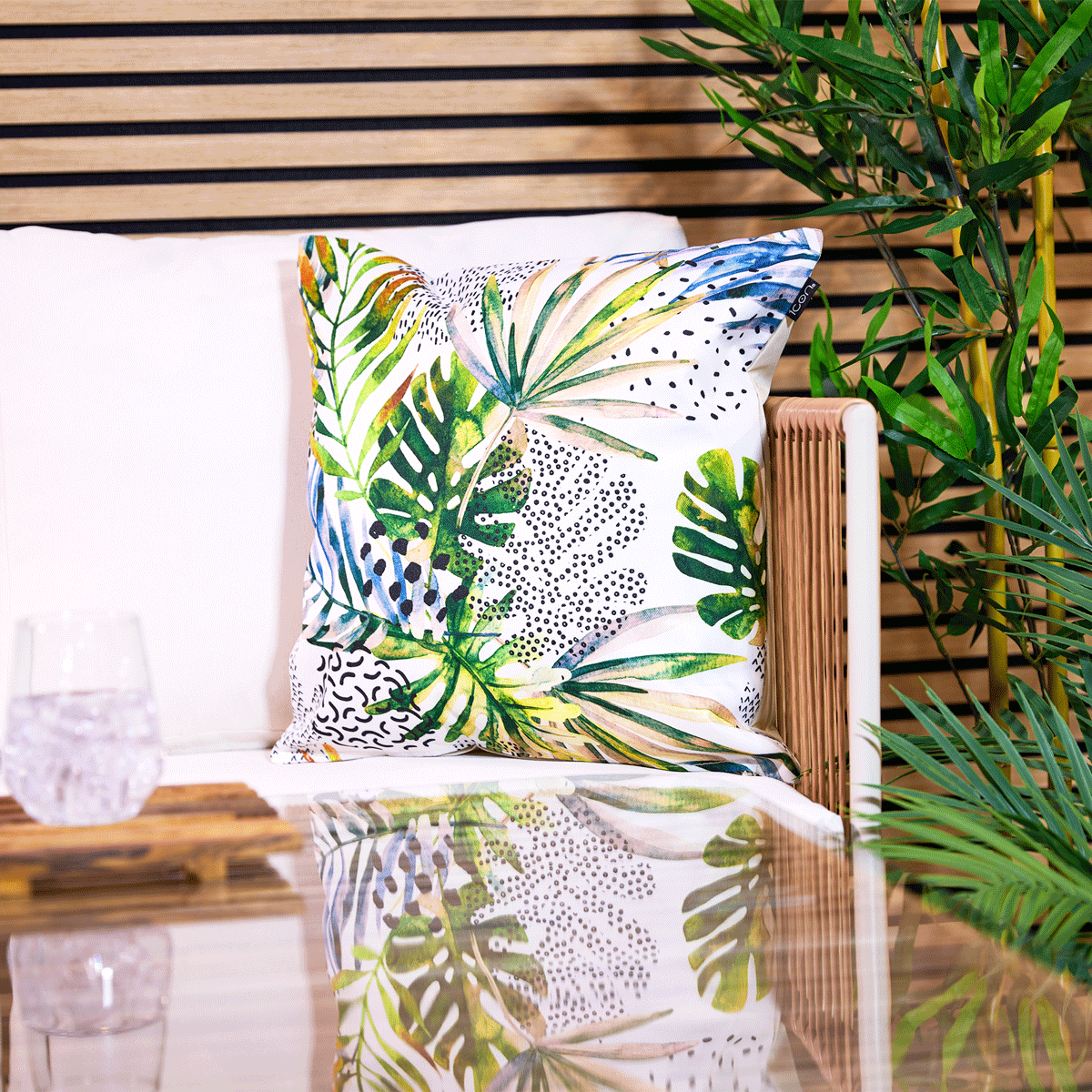 Palm Leaf Print Indoor-Outdoor Cushion, Multicolour