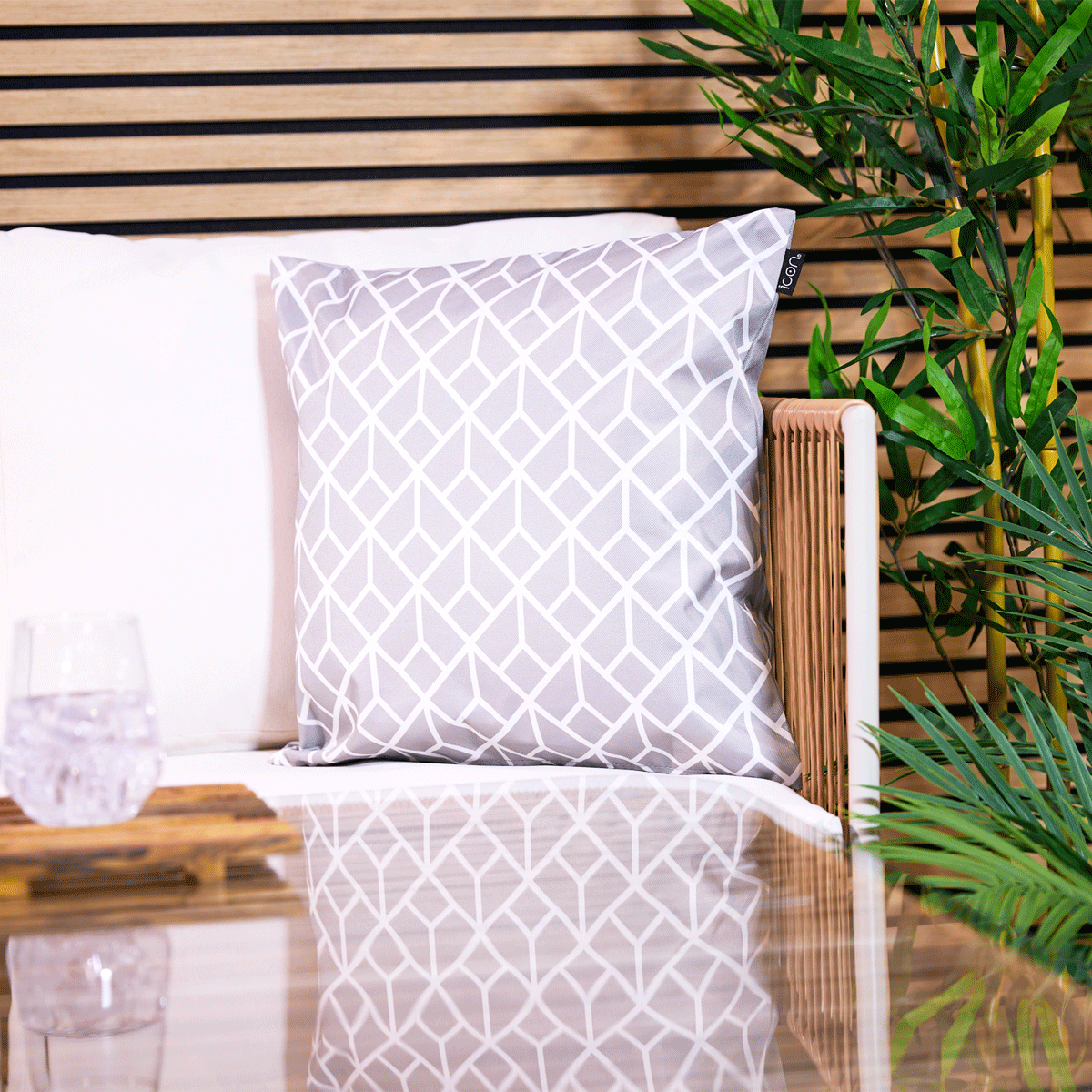 Art Deco Geometric Print Outdoor Cushion, Light Grey