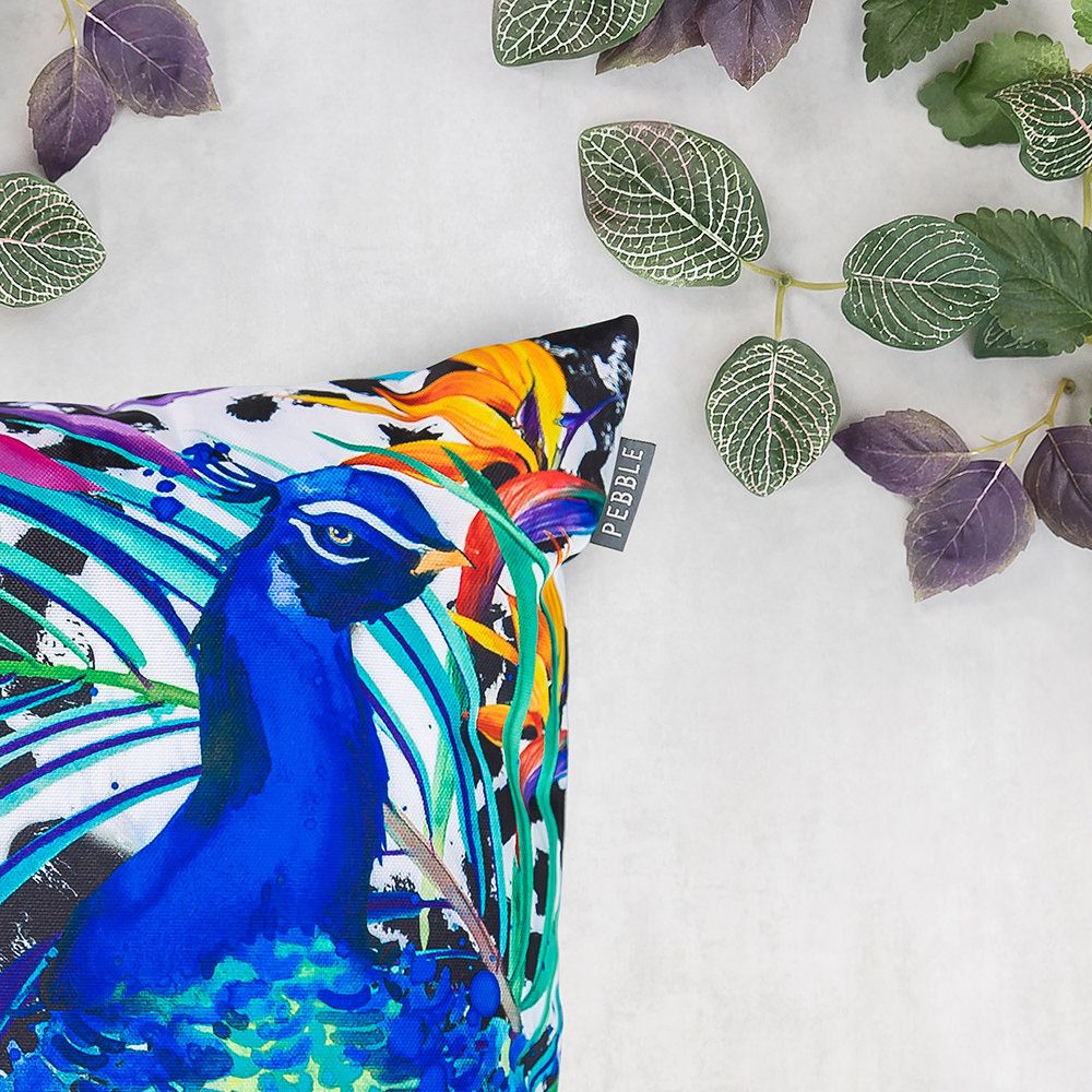 Tropical Peacock Outdoor Cushion Close Up