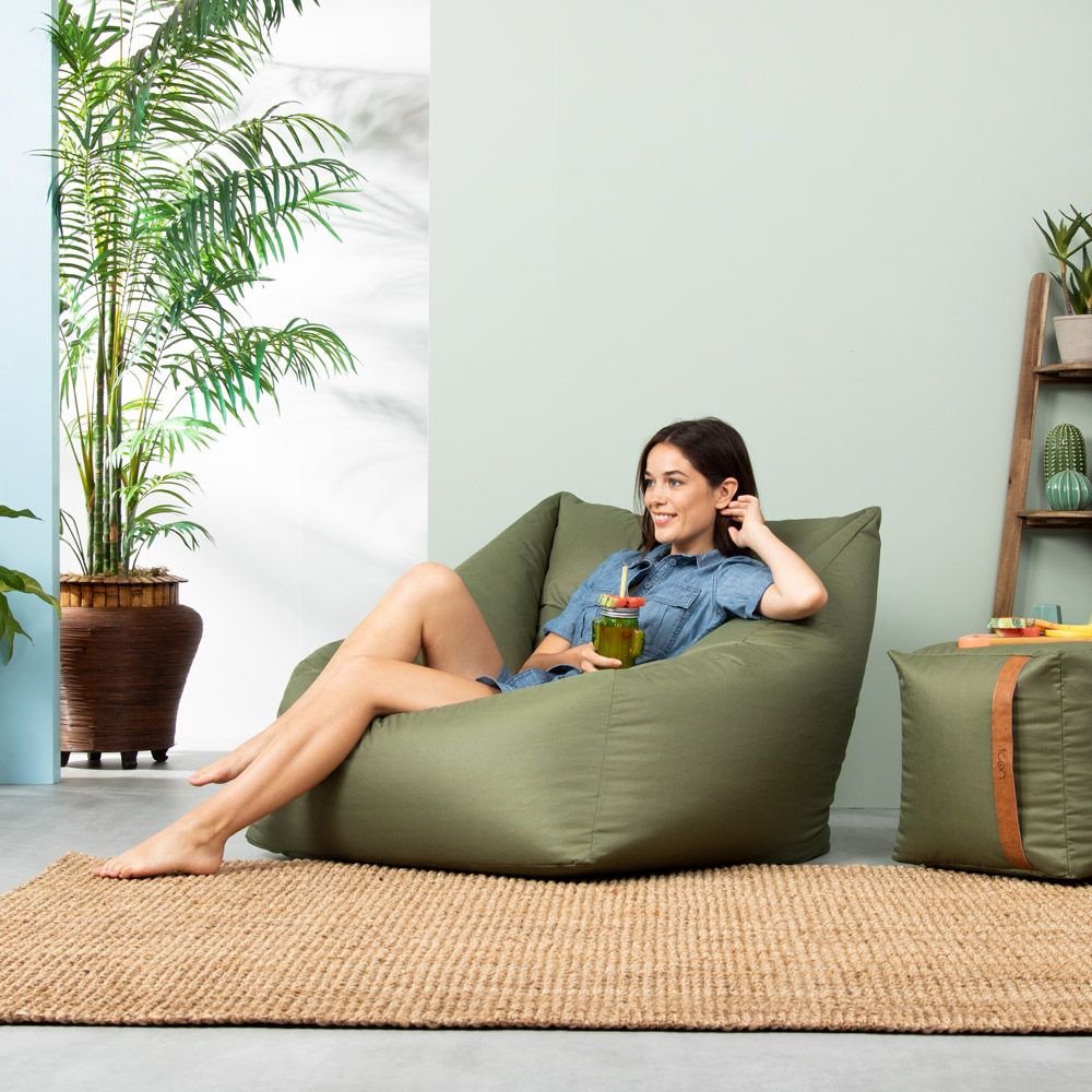 Lady Sitting in Sage Green Indoor Outdoor Bean Bag Armchair