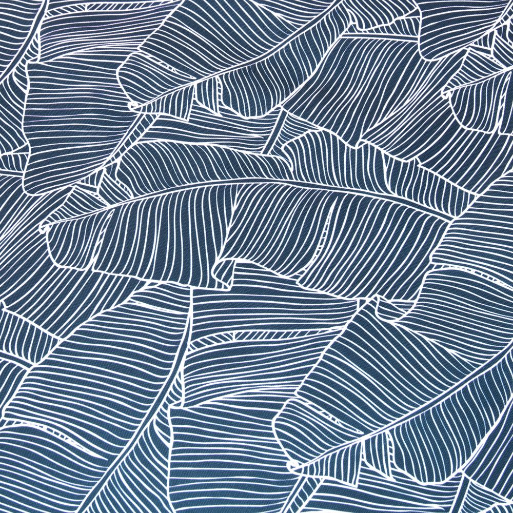 Navy palm print fabric close up
