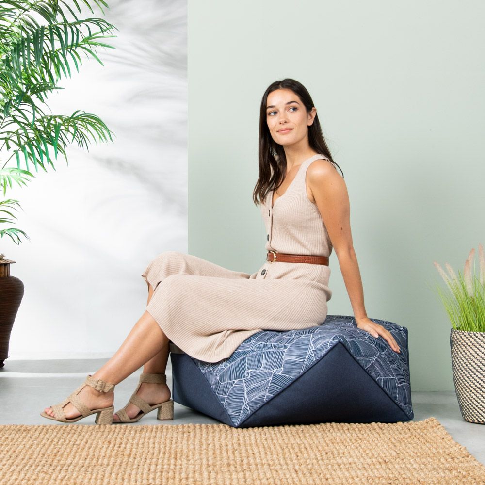 Navy palm print diamond bean bag pouffe lifestyle