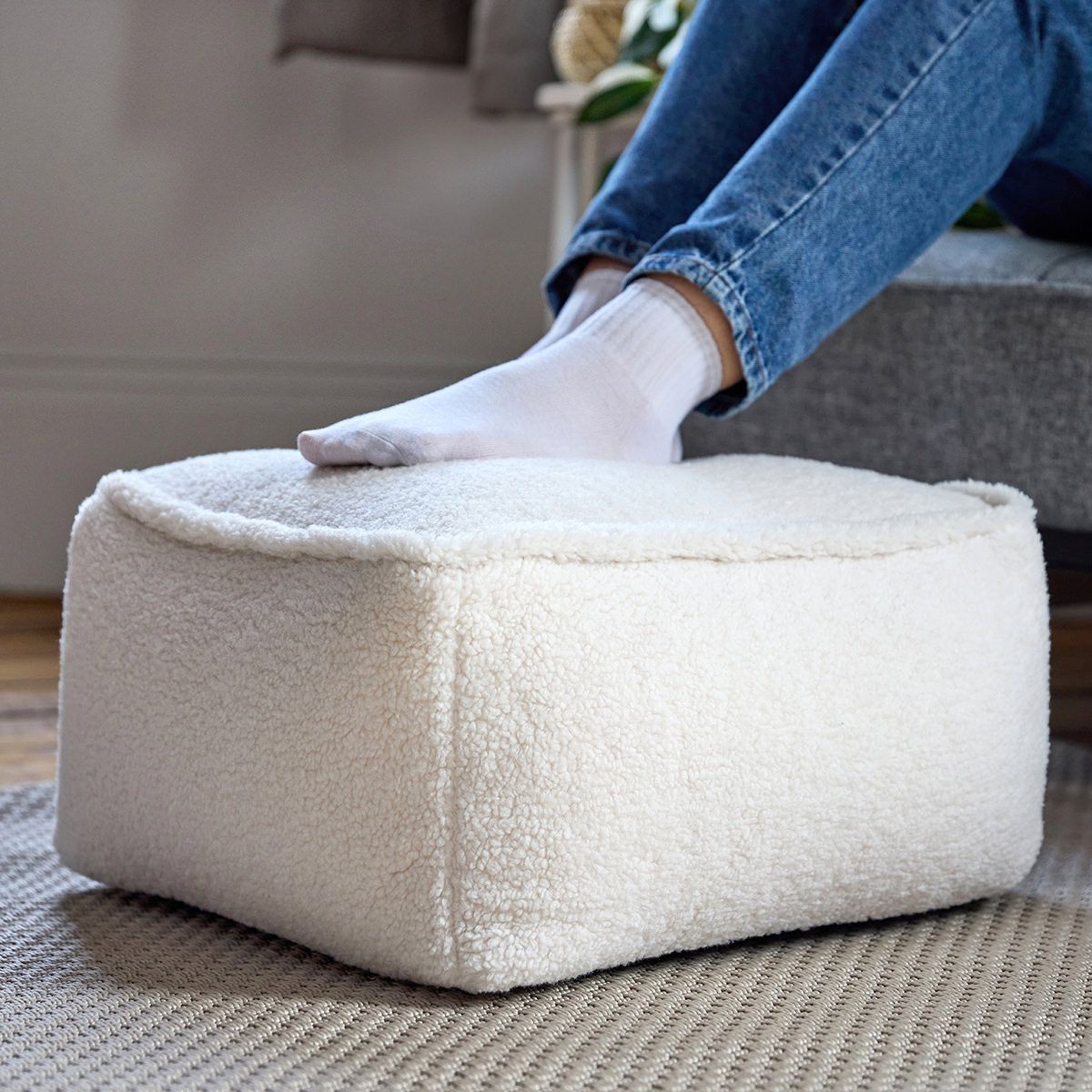 icon® Amara Fleece Square Footstool Bean Bag, Natural