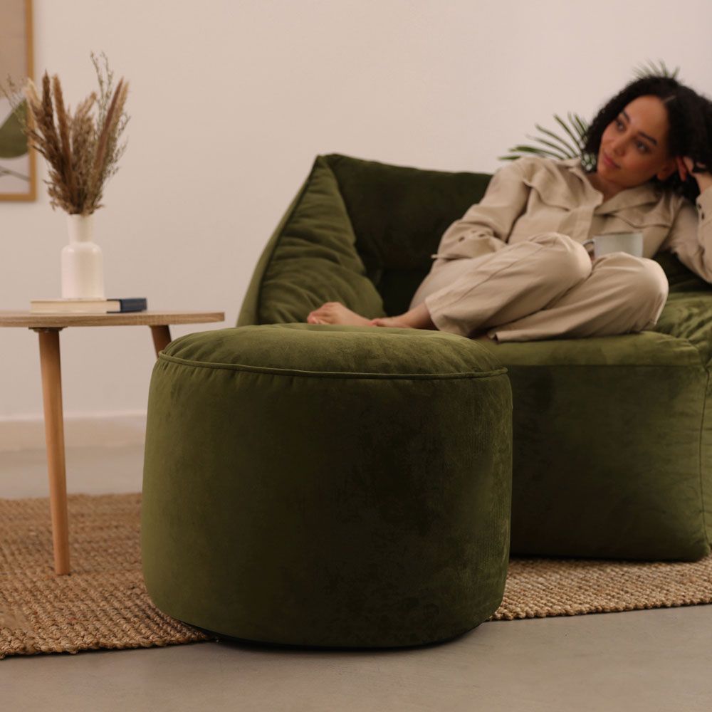 icon® Milano Velvet Round Footstool Bean Bag, Olive Green