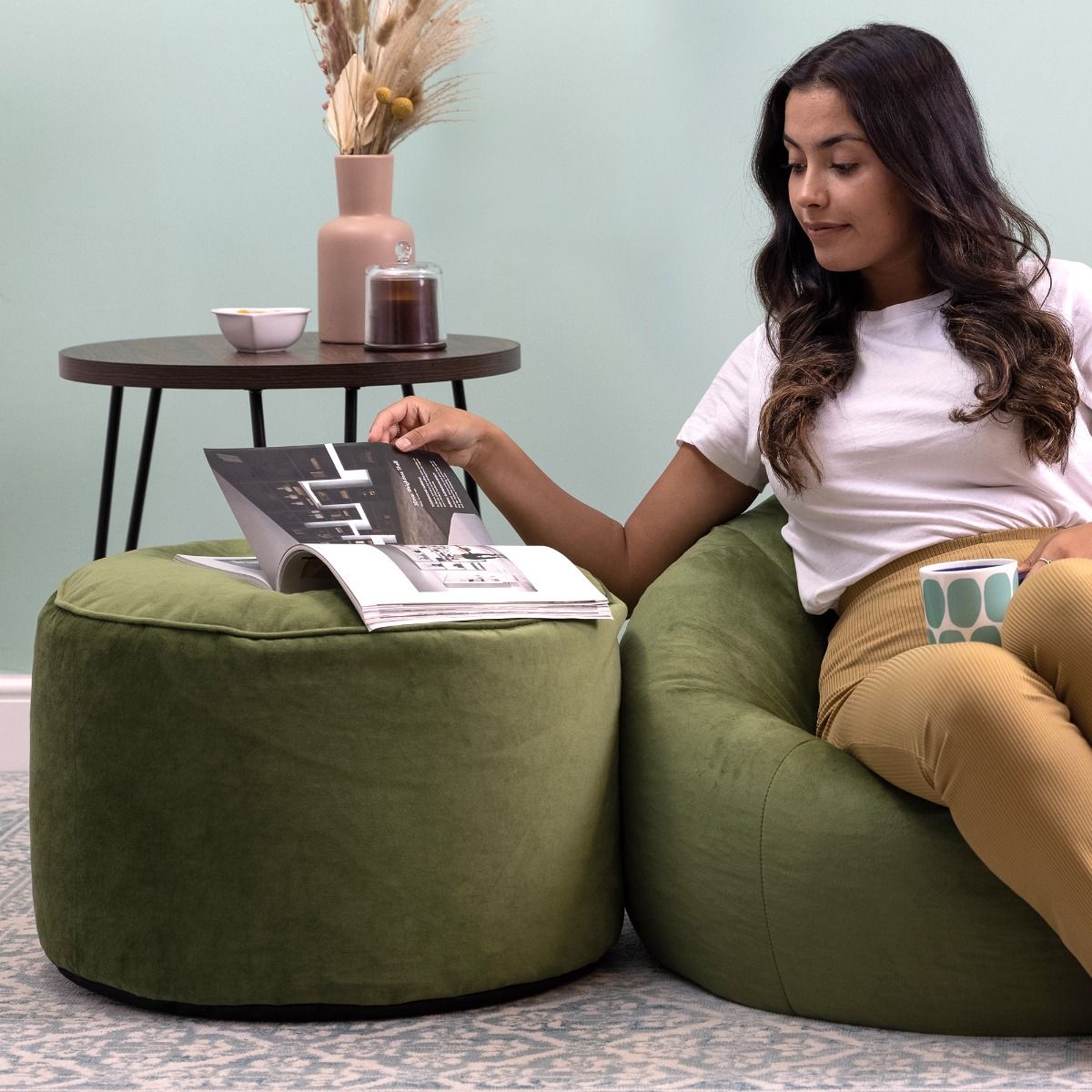 Milano Velvet Round Footstool, Sage Green