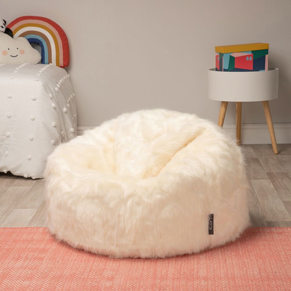 icon® Luxury Faux Fur Kids Classic Bean Bag in cream in bedroom
