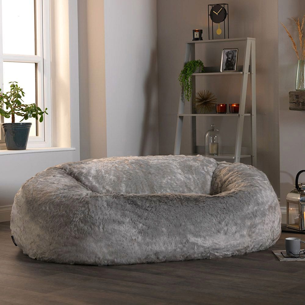 icon® Kenai Cloud Two-seater Faux Fur Bean Bag, Arctic Wolf in living room