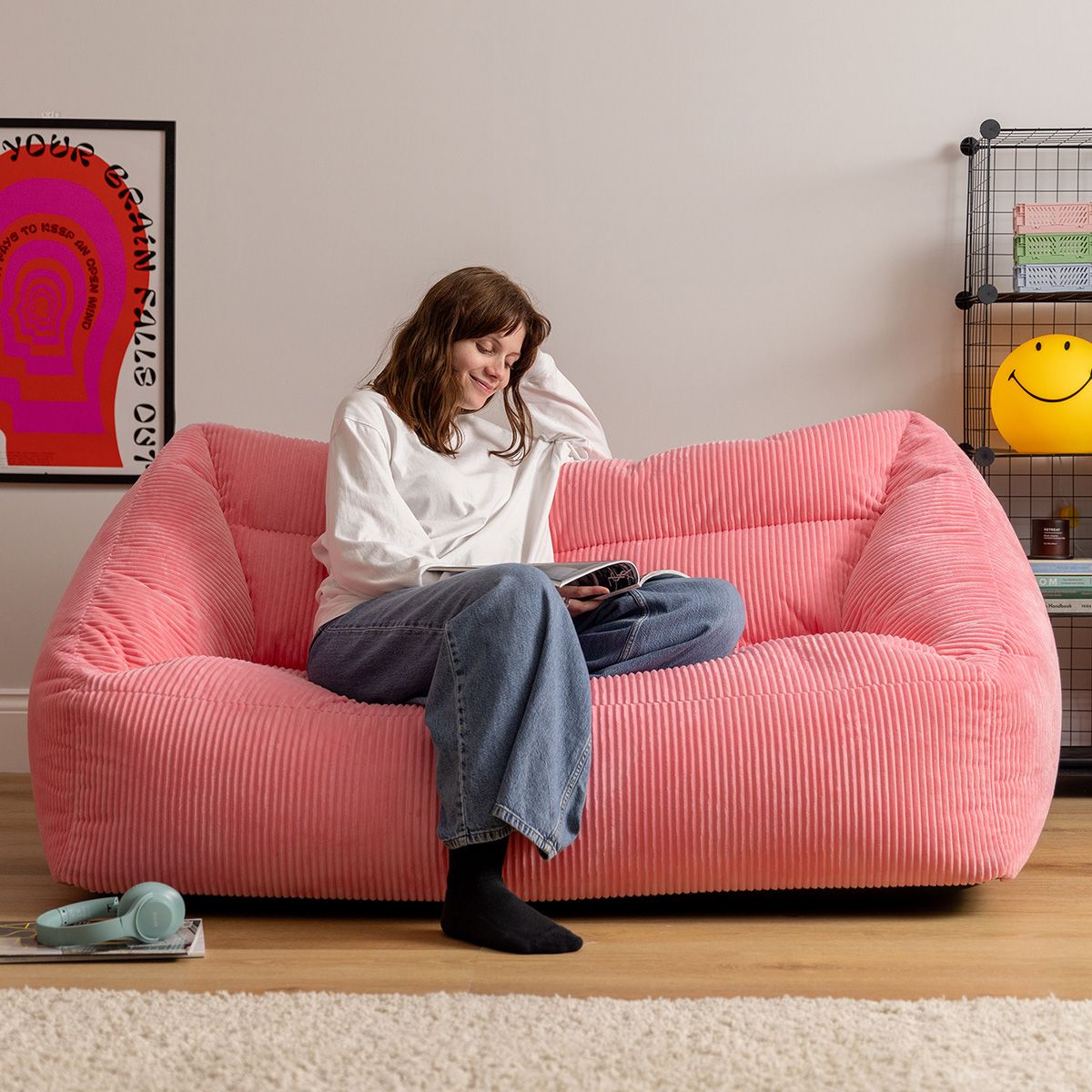 icon® Cecilia Corduroy Two Seater Sofa Bean Bag, Bubblegum Pink