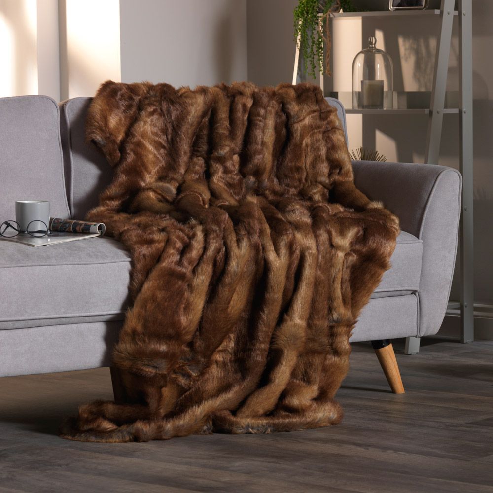 icon® Luxury Faux Fur Throw, Brown Bear