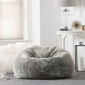 icon® Kenai Luxury Faux Fur Bean Bag, Arctic Wolf in living room with fluffy bean bag