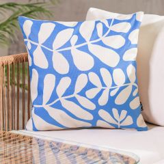 Abstract Leaf Print Indoor-Outdoor Cushion, Blue